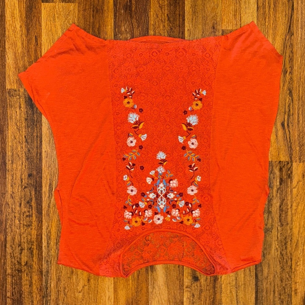 Cato Womens XL Orange Embroidered Floral Lace Panel Short Sleeve Boho Top